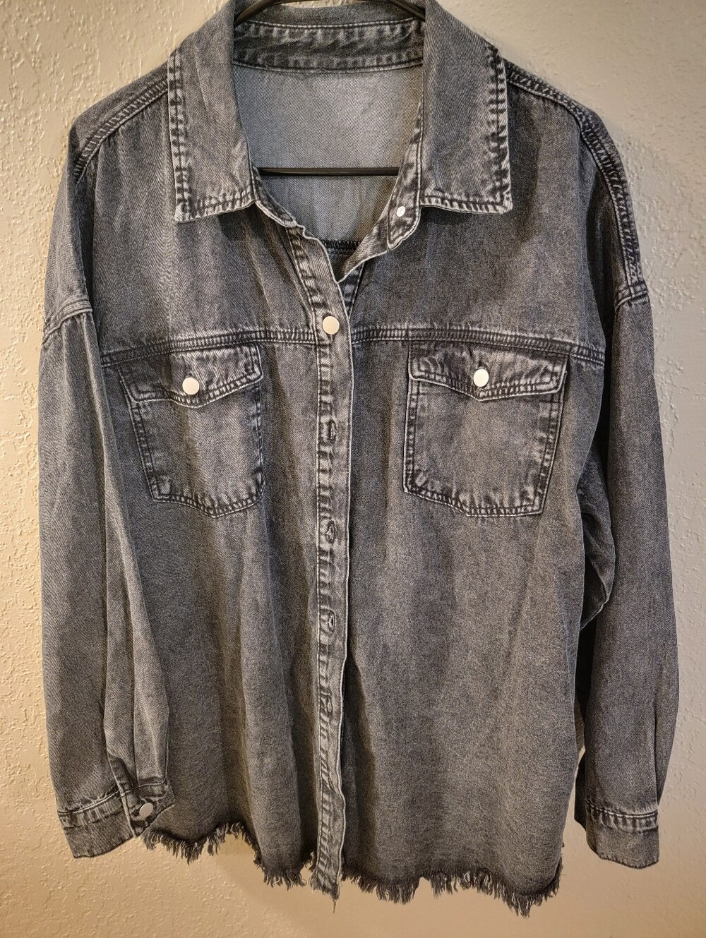 Women's Washed Black Denim Shacket - Casual Button-Front